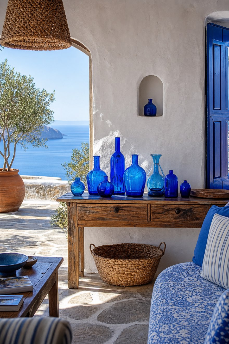 Cobalt blue glass collection catching sunlight on a rustic console — santorini home styling