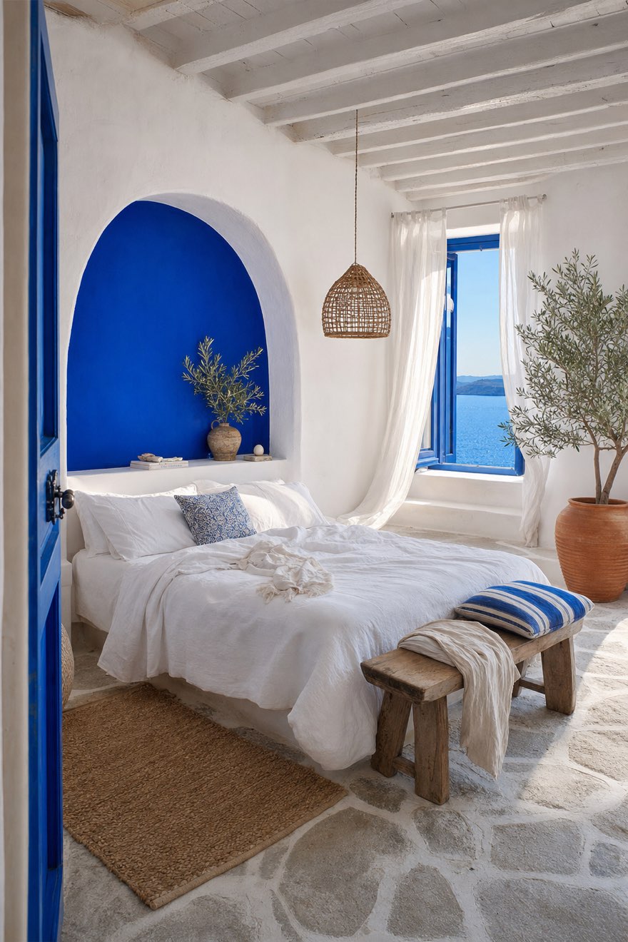 Blue and white bedroom with a bold cobalt arched niche behind a white linen bed and sheer curtains