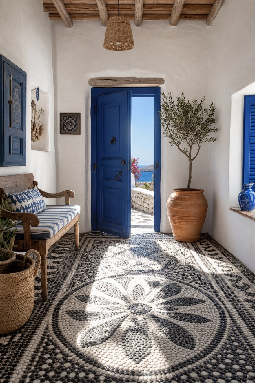 Greek entry hall with a classic black-and-white pebble mosaic rosette floor and a cobalt front door