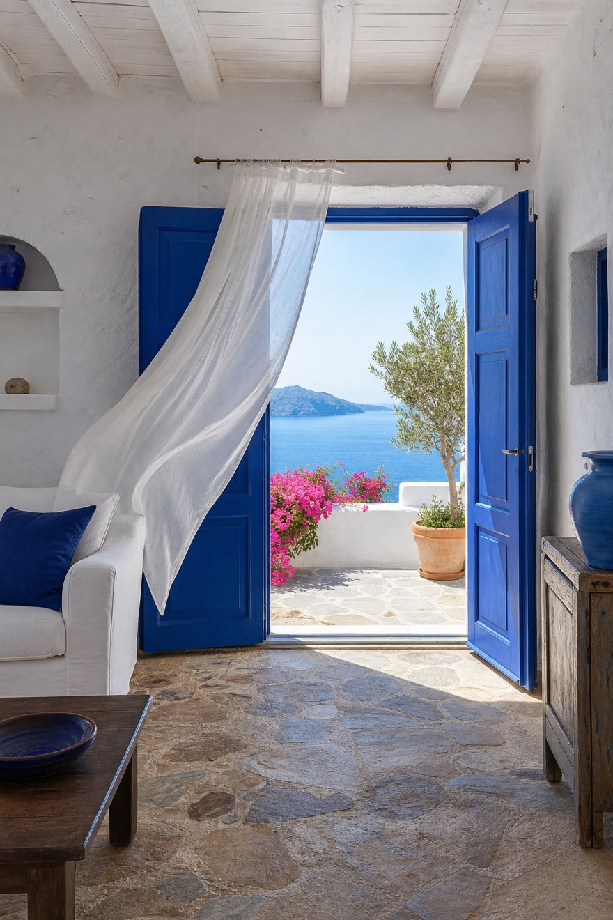Open cobalt blue door with a sheer linen curtain blowing toward a sunlit terrace and the Aegean sea