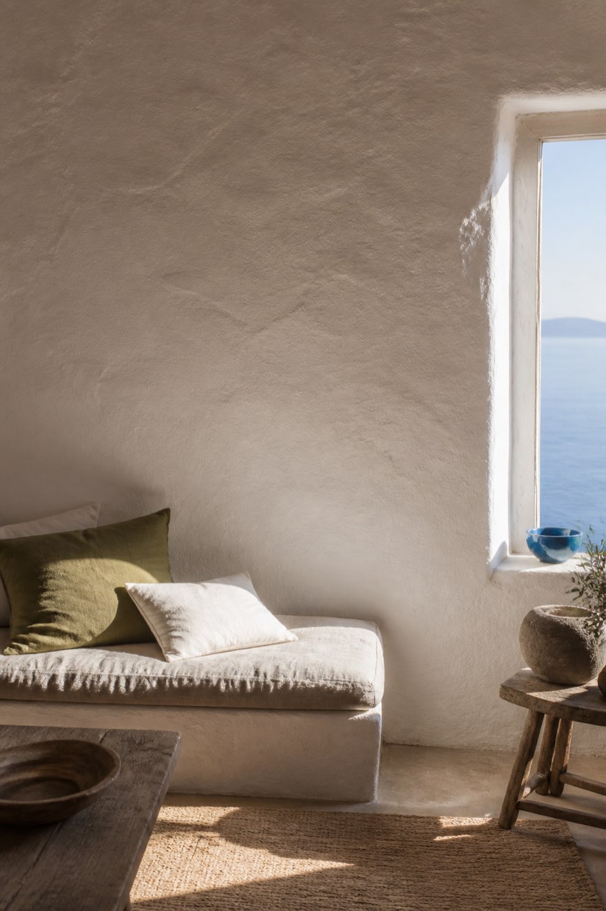 Sunlit Cycladic living room corner with textured white plaster wall, linen bench and Aegean sea view — mediterranean aesthetic decor