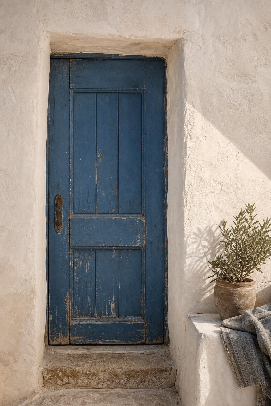 Weathered deep Aegean blue wooden door in a thick white plaster wall with worn stone steps — greek island decor accent