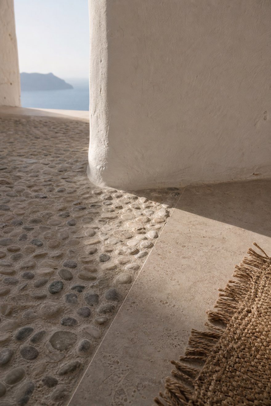 Pebble and honed stone floor meeting a white plaster wall with a jute rug edge in a mediterranean home