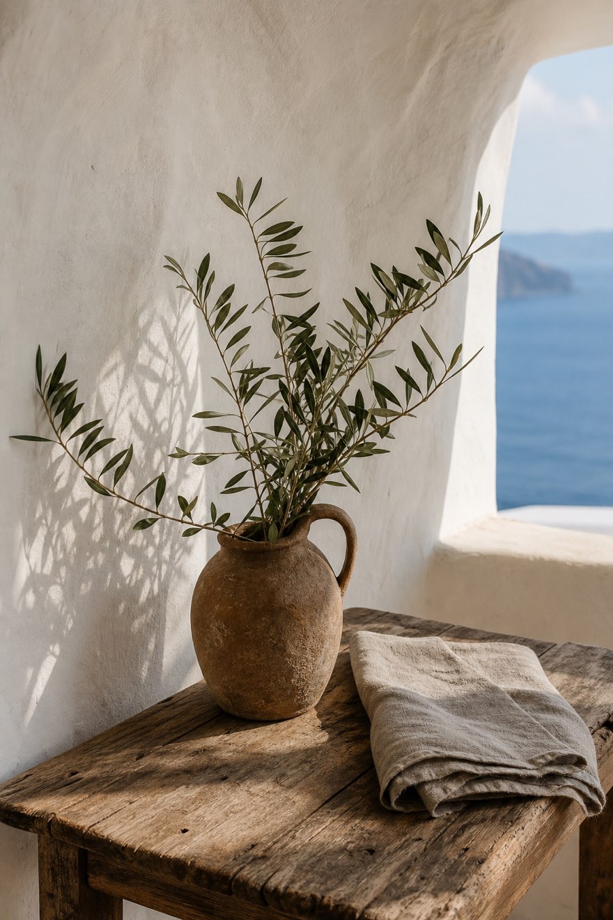 Olive branches in a rustic clay jug on a weathered wooden table against white plaster — Mediterranean decor detail