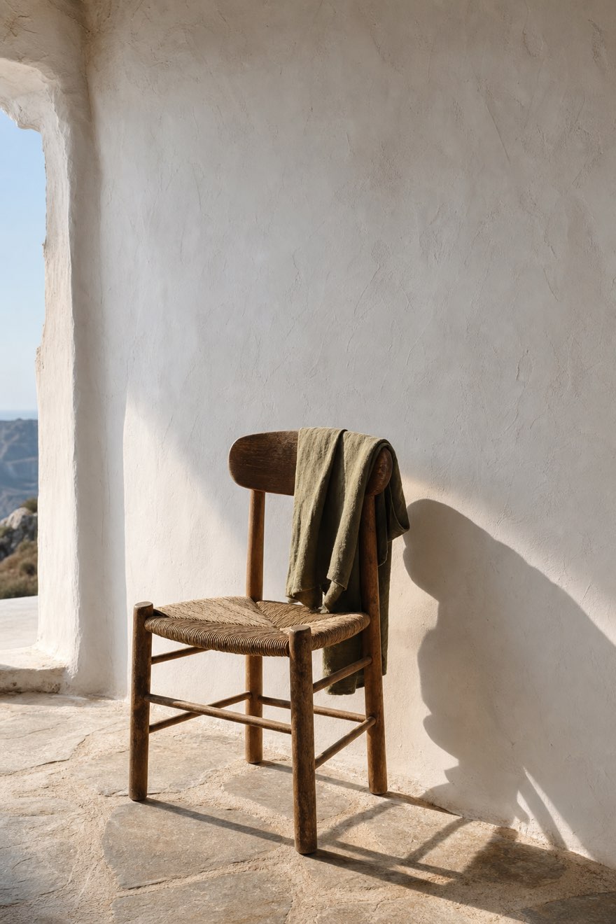 Rush-seat wooden chair with an olive linen throw casting a long shadow on a white plaster wall