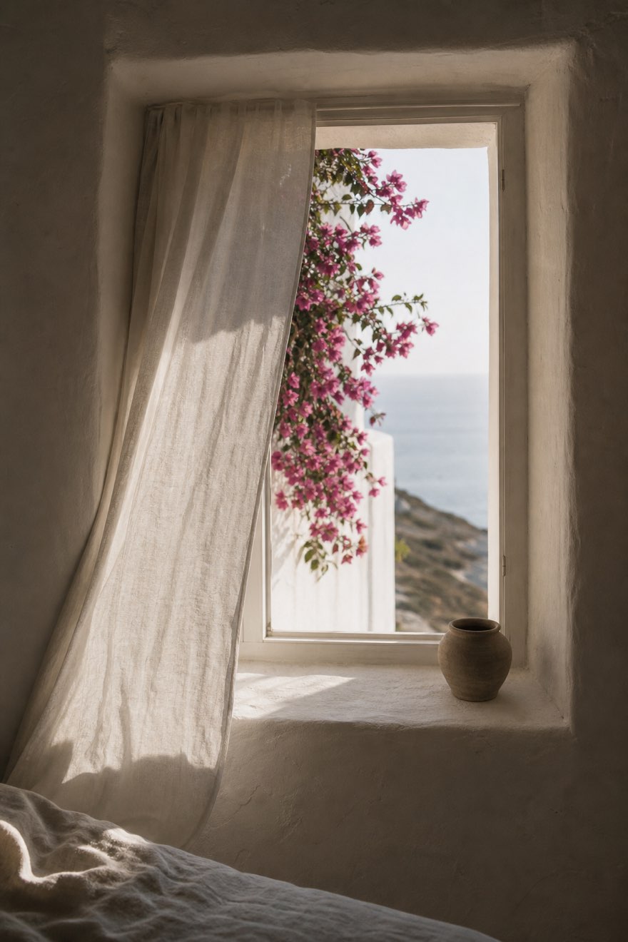 Deep-set window with a sheer linen curtain and pink bougainvillea outside above the Aegean sea
