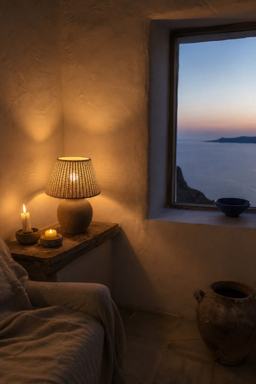 Evening Greek island corner with a rattan-shade lamp and candles glowing warm on white plaster walls