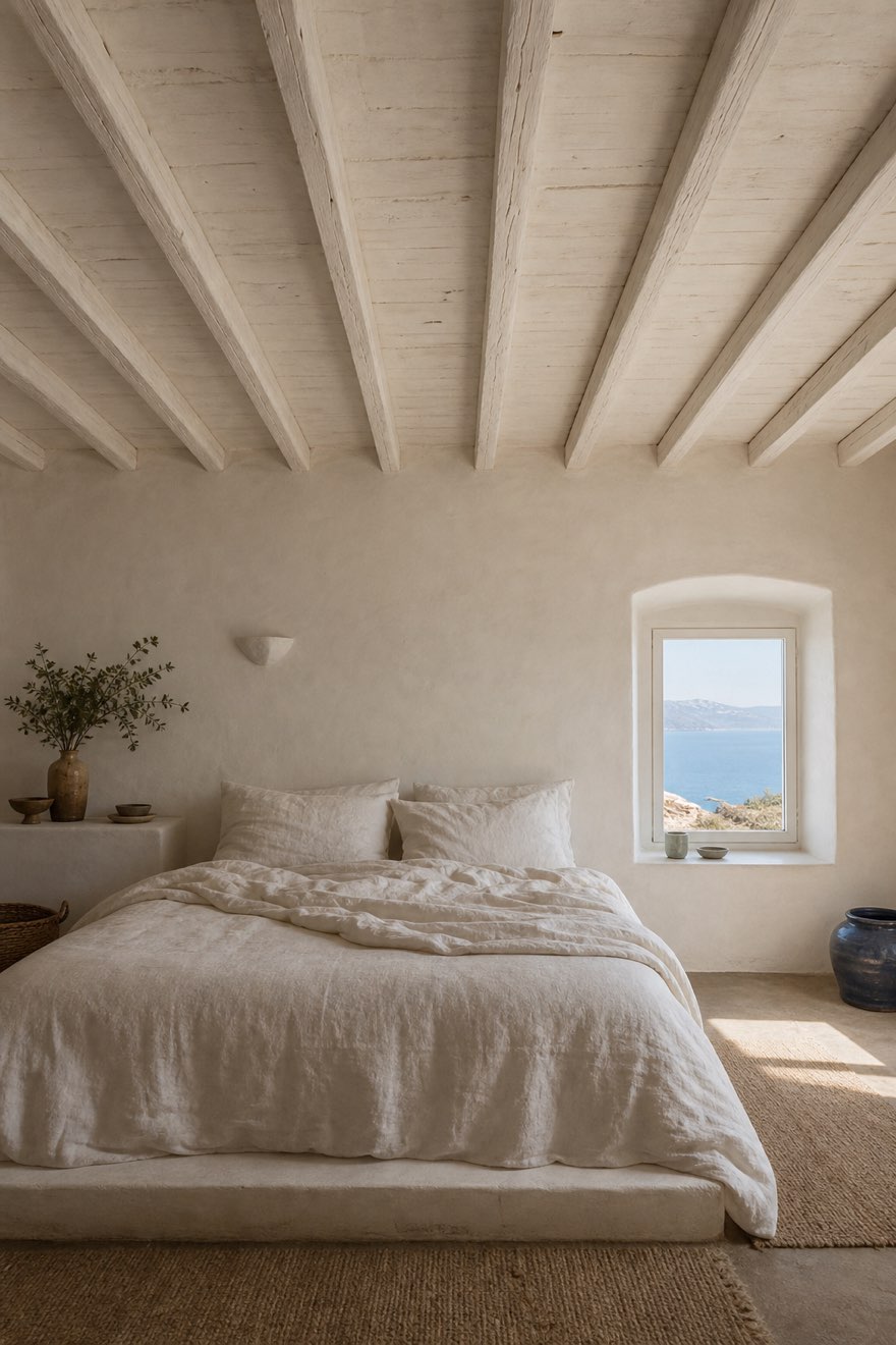 Island bedroom with whitewashed wooden ceiling beams, low linen bed and a small sea-view window