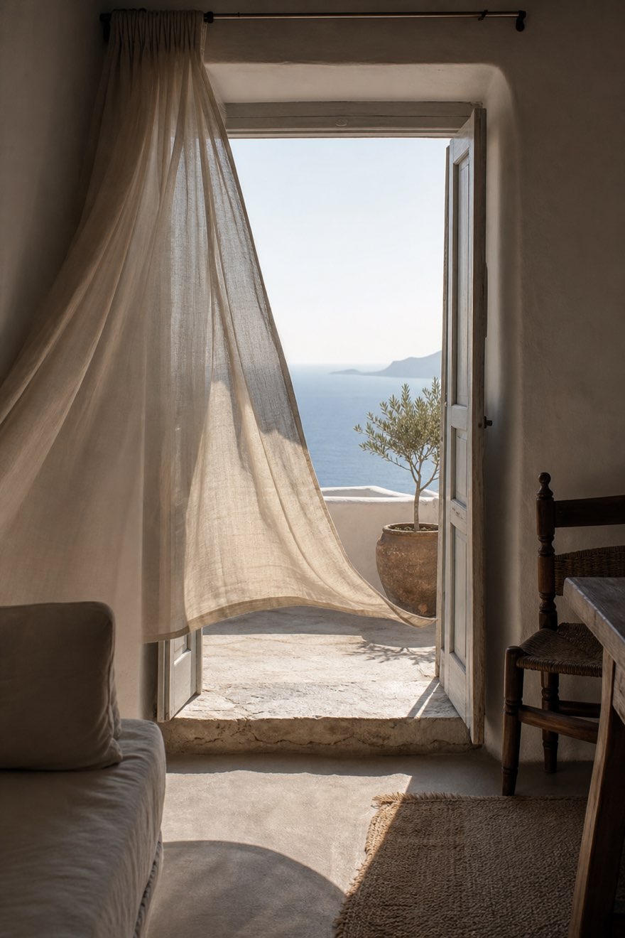 Sheer linen curtain blowing in an open doorway onto a sunlit terrace above the Aegean sea