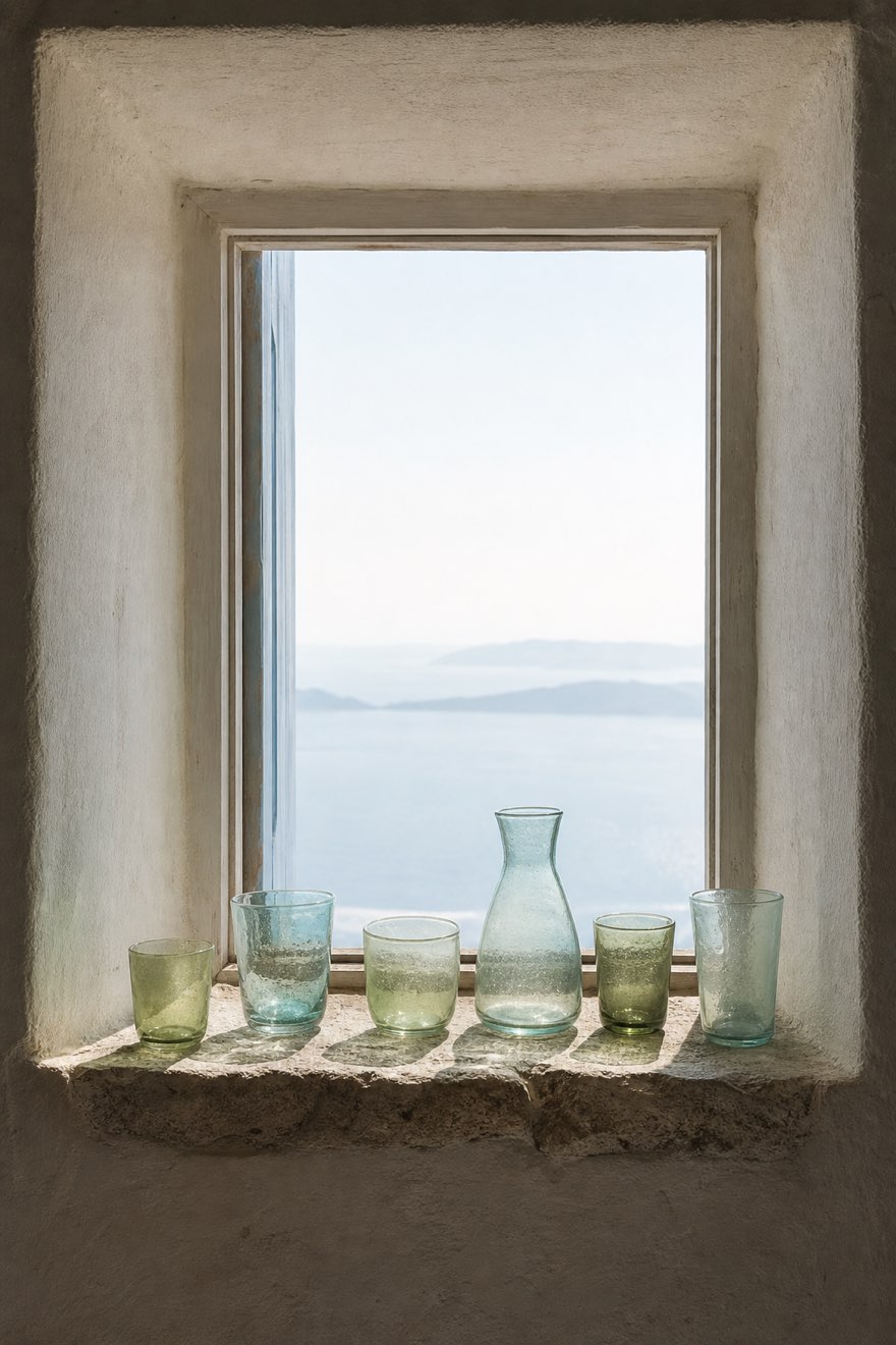 Recycled sea-glass tumblers and a carafe backlit on a stone windowsill with a hazy sea view