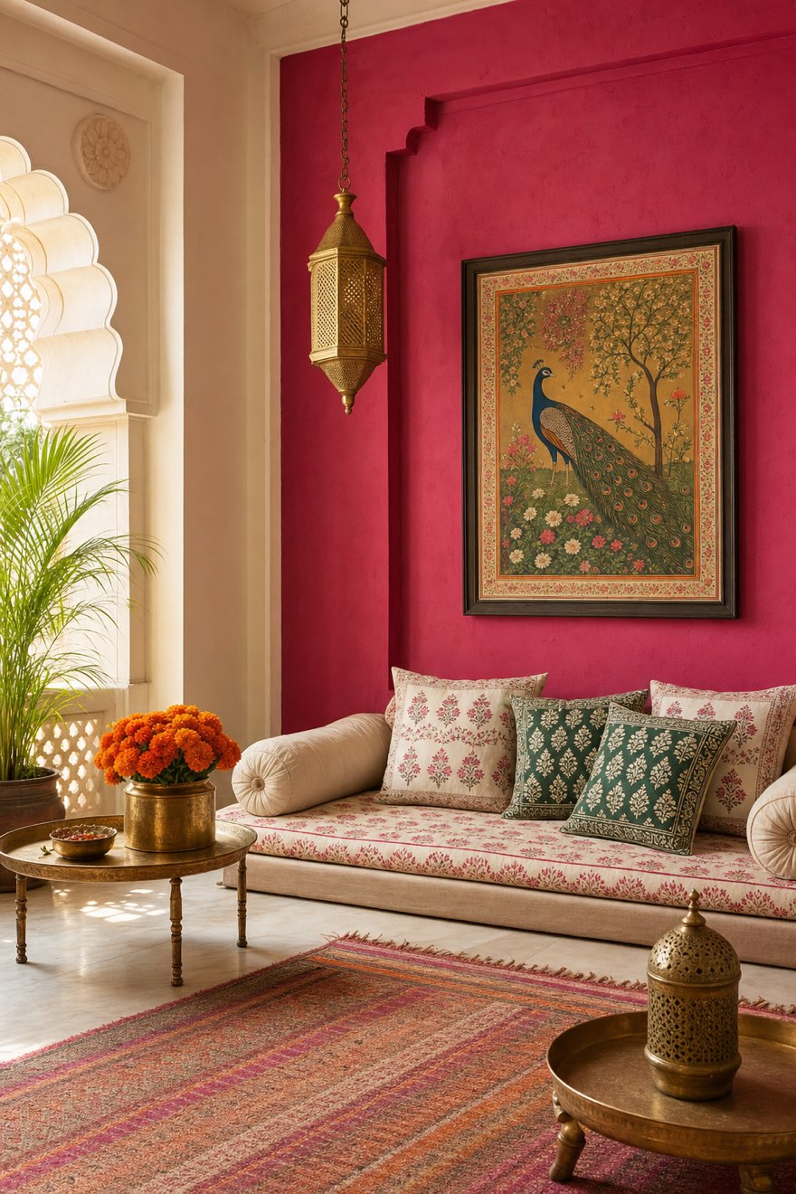 Indian inspired decor: a Jaipur-pink living room with block-print cushions, a brass lantern and a peacock pichwai