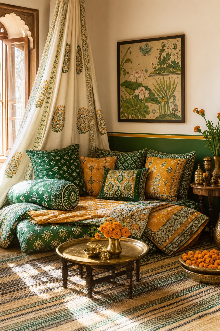 Layered emerald and marigold hand-block-print Sanganeri cushions and quilt in a jewel-toned Indian-inspired corner