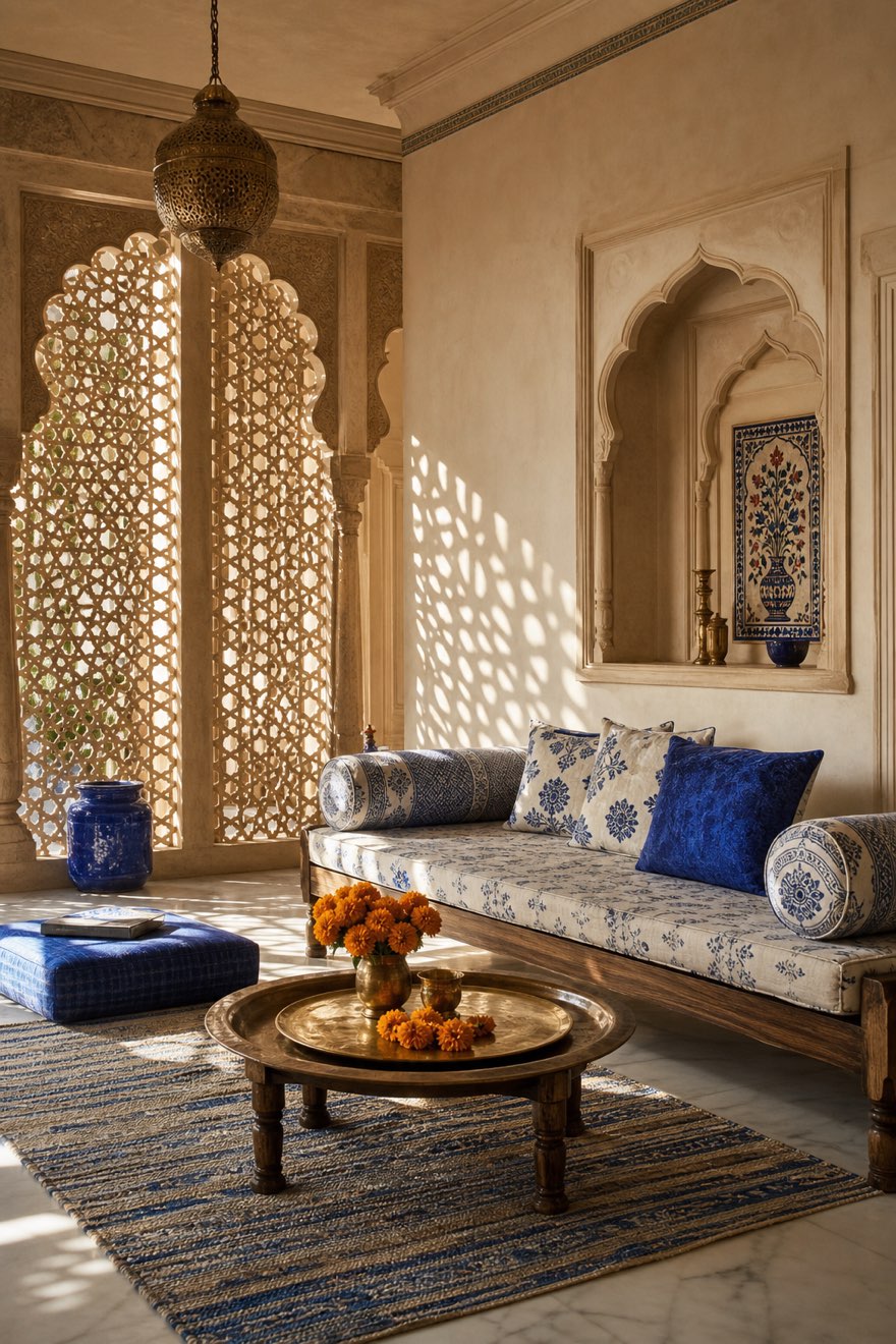 Carved sandstone jaali lattice screen throwing patterned light, with a cobalt jharokha niche, in an Indian-inspired room