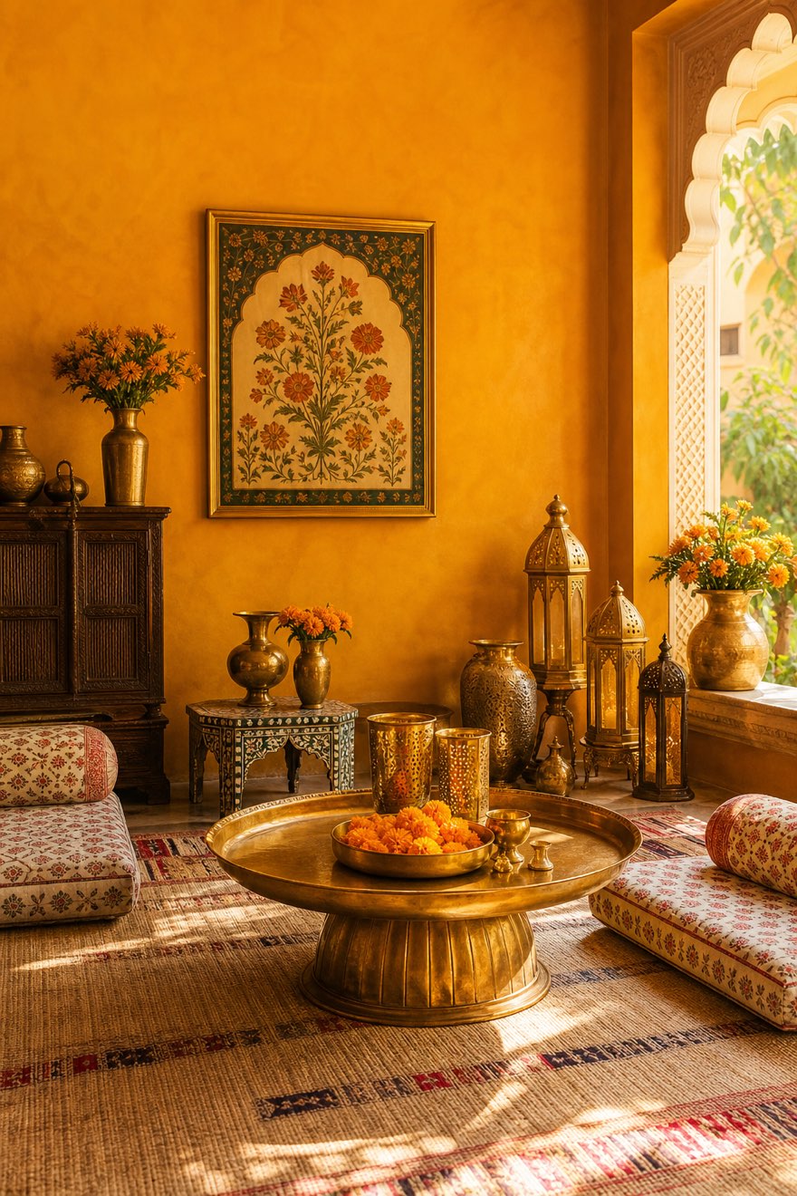 Marigold wall glowing with brass lanterns, a brass tray table and marble pietra-dura inlay in an Indian-inspired room