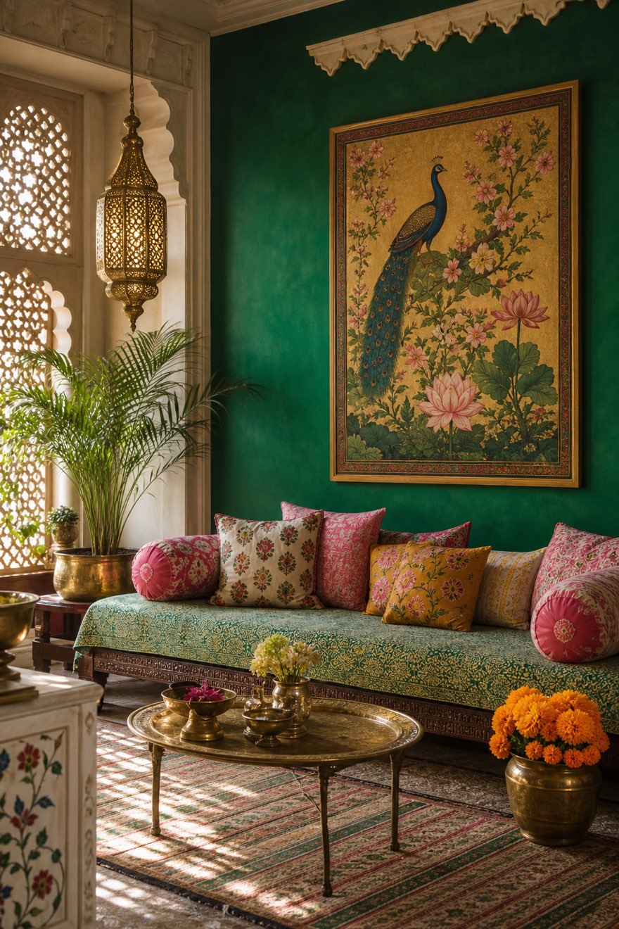 Jewel-toned Indian living room with an emerald wall, a block-print daybed, a brass tray table and a peacock pichwai