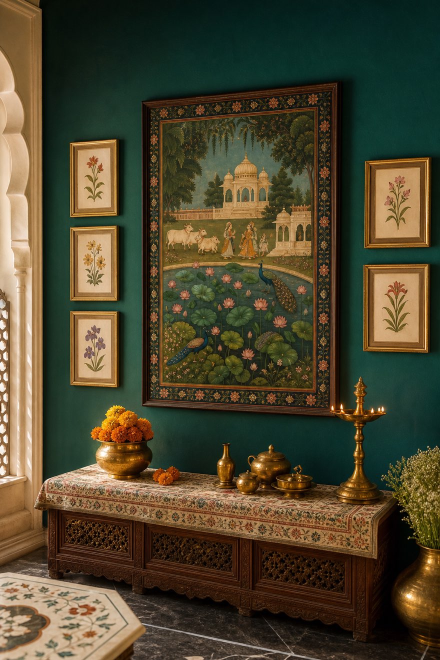 Large pichwai painting and Mughal botanical miniatures on a deep teal wall above a brass console — indian home decor