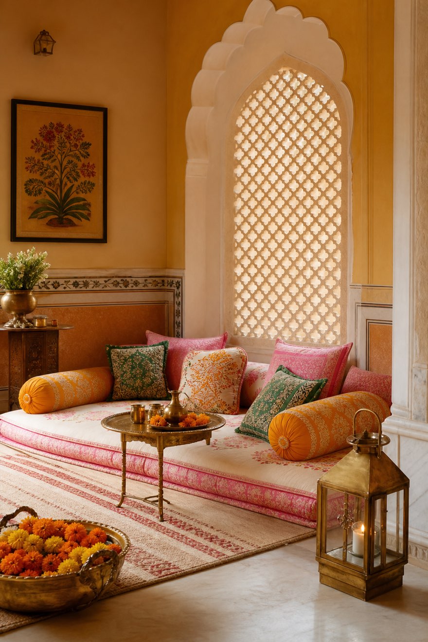 Indian baithak low floor seating with block-print bolsters in marigold and pink around a brass tray table