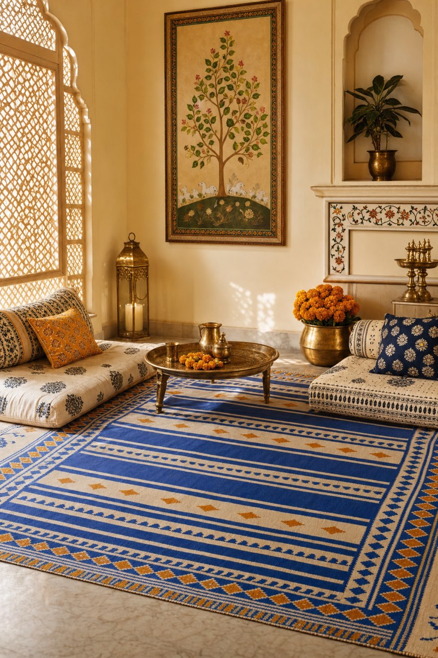 Bold cobalt-and-cream flat-weave dhurrie rug anchoring a jewel-toned Indian-inspired sitting room with brass