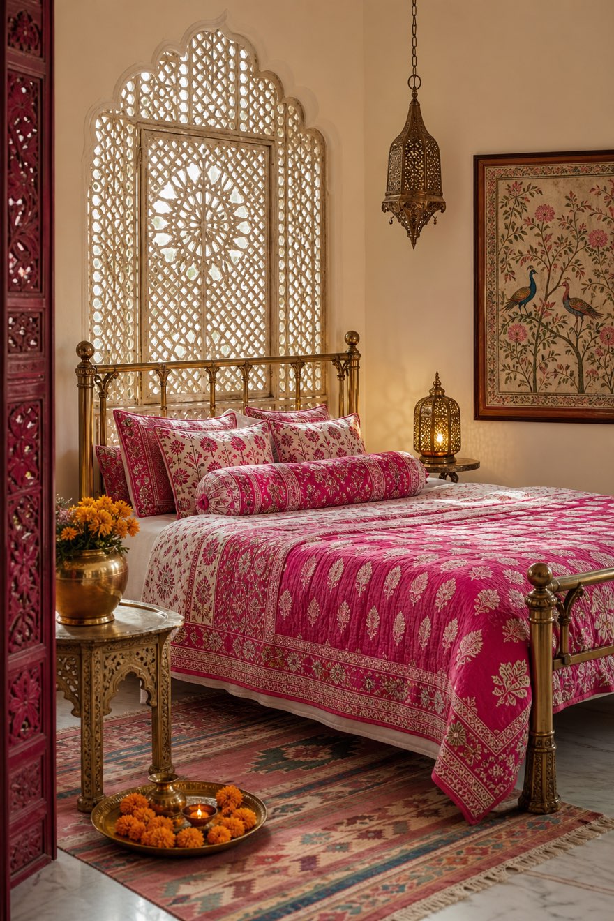Jewel-toned Indian bedroom with a fuchsia block-print quilt, a brass bed and a carved jaali headboard — jaipur decor