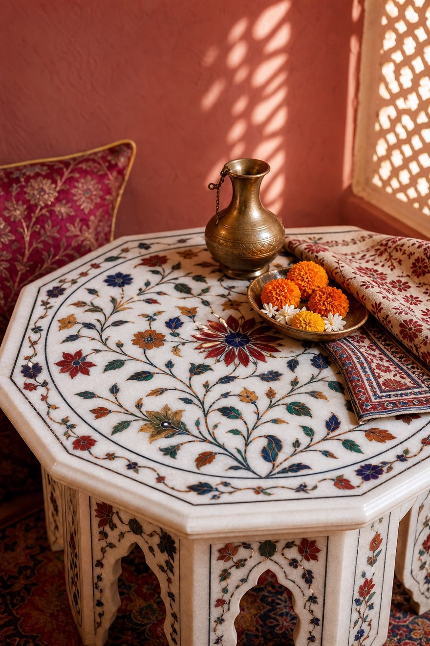 White marble pietra-dura side table with colorful floral stone inlay, styled with brass and marigolds