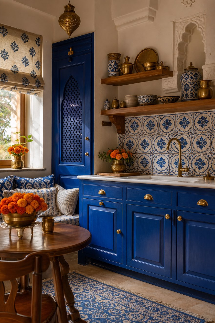 Jaipur-blue kitchen with cobalt cabinets, a blue-and-white tile backsplash, brass tap and marigolds — indian home decor