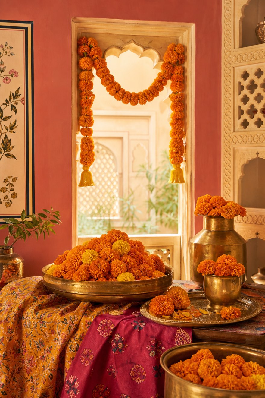Fresh marigold garland and brass bowls heaped with marigolds across an arched jharokha in an Indian-inspired room