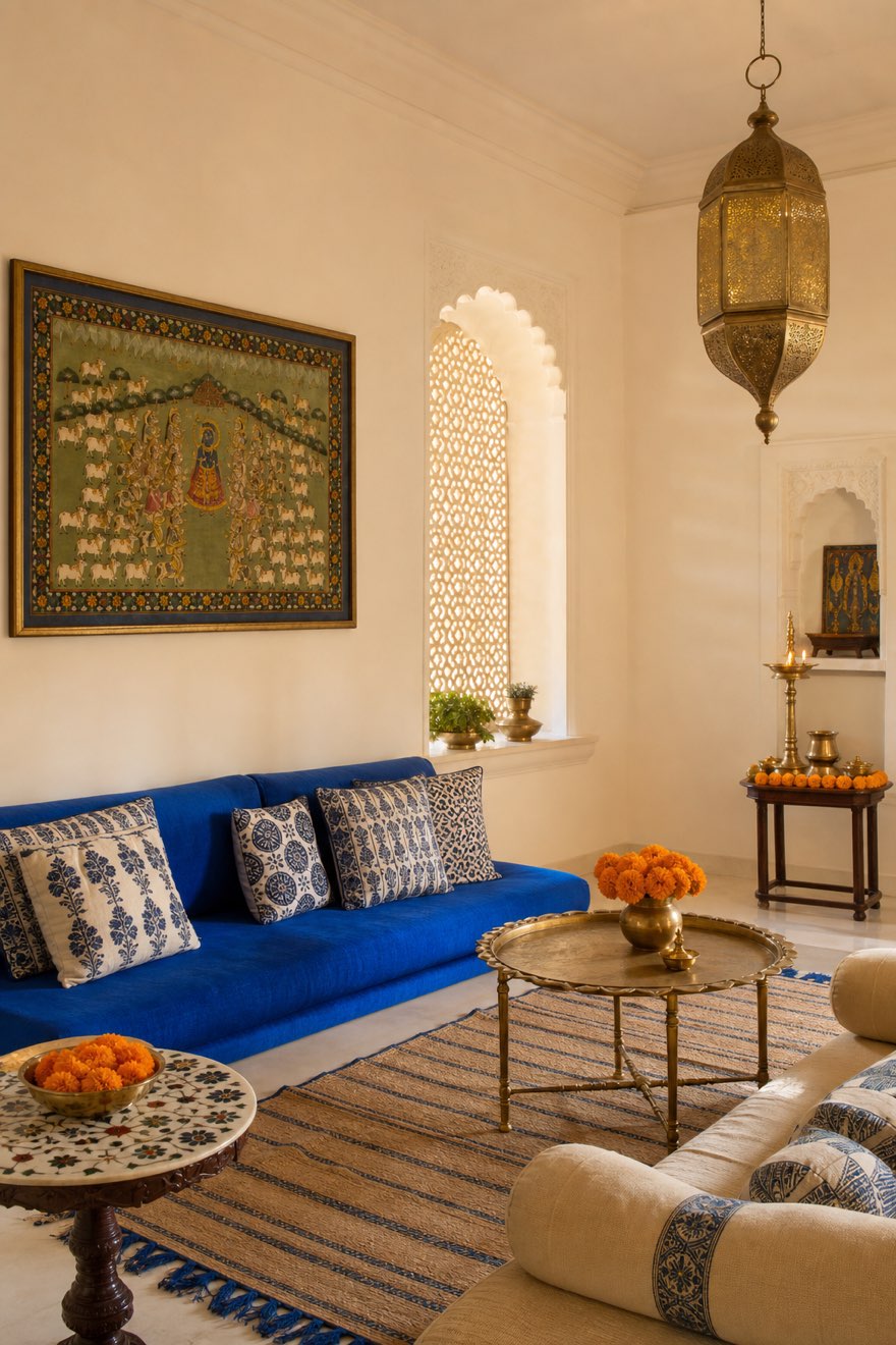 Curated Indian-inspired room with a cobalt sofa, cream walls, one pichwai painting and lots of calm negative space