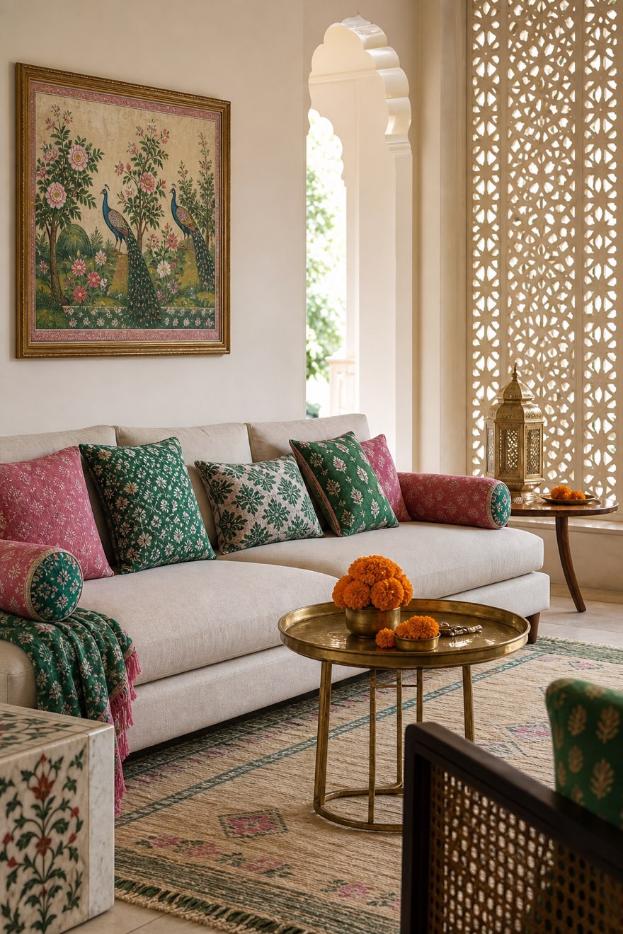 Global-eclectic room mixing a modern sofa with emerald and pink Indian block-print cushions and a pichwai painting