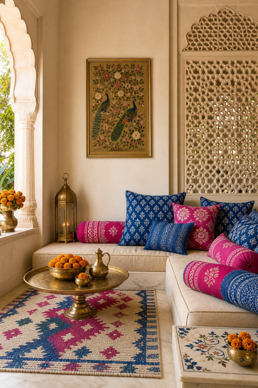 Balanced jewel-toned Indian room with fuchsia and cobalt block-print cushions on cream, with brass and a dhurrie