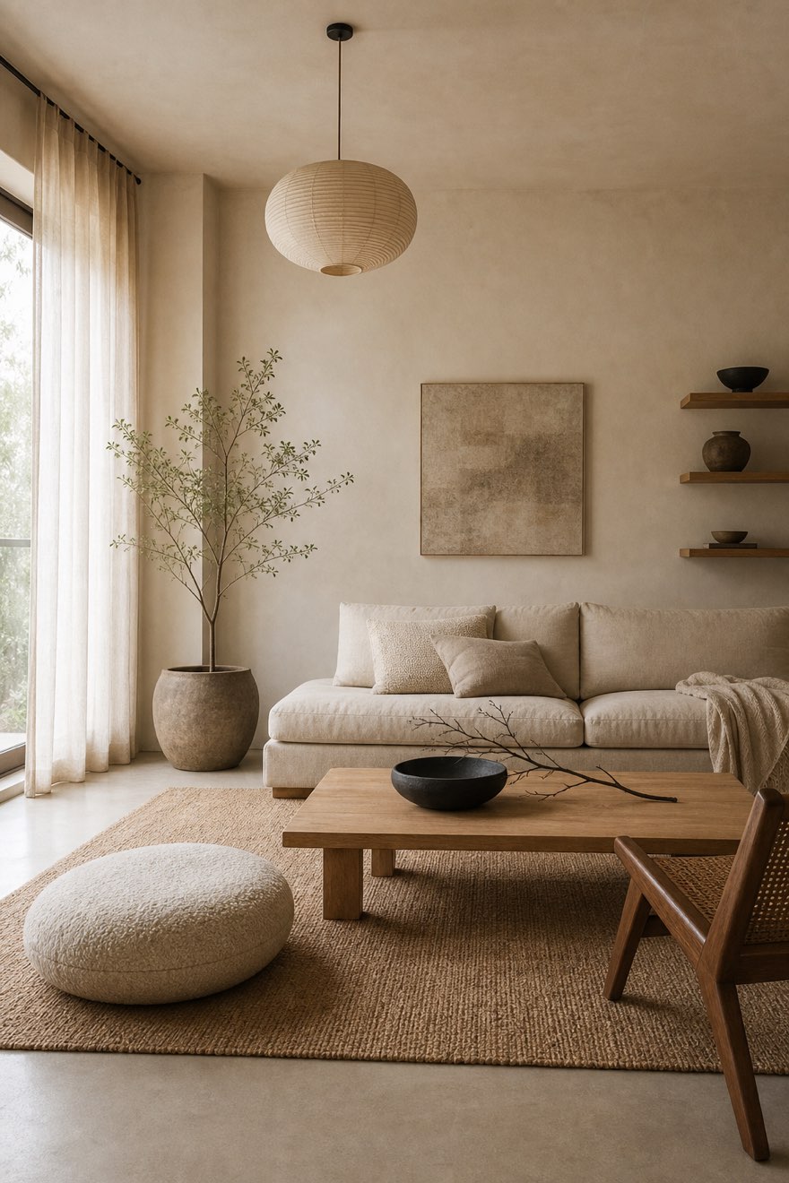 Warm Japandi living room in ivory, sand and clay with a low linen sofa, oak table and jute rug — warm minimalist base