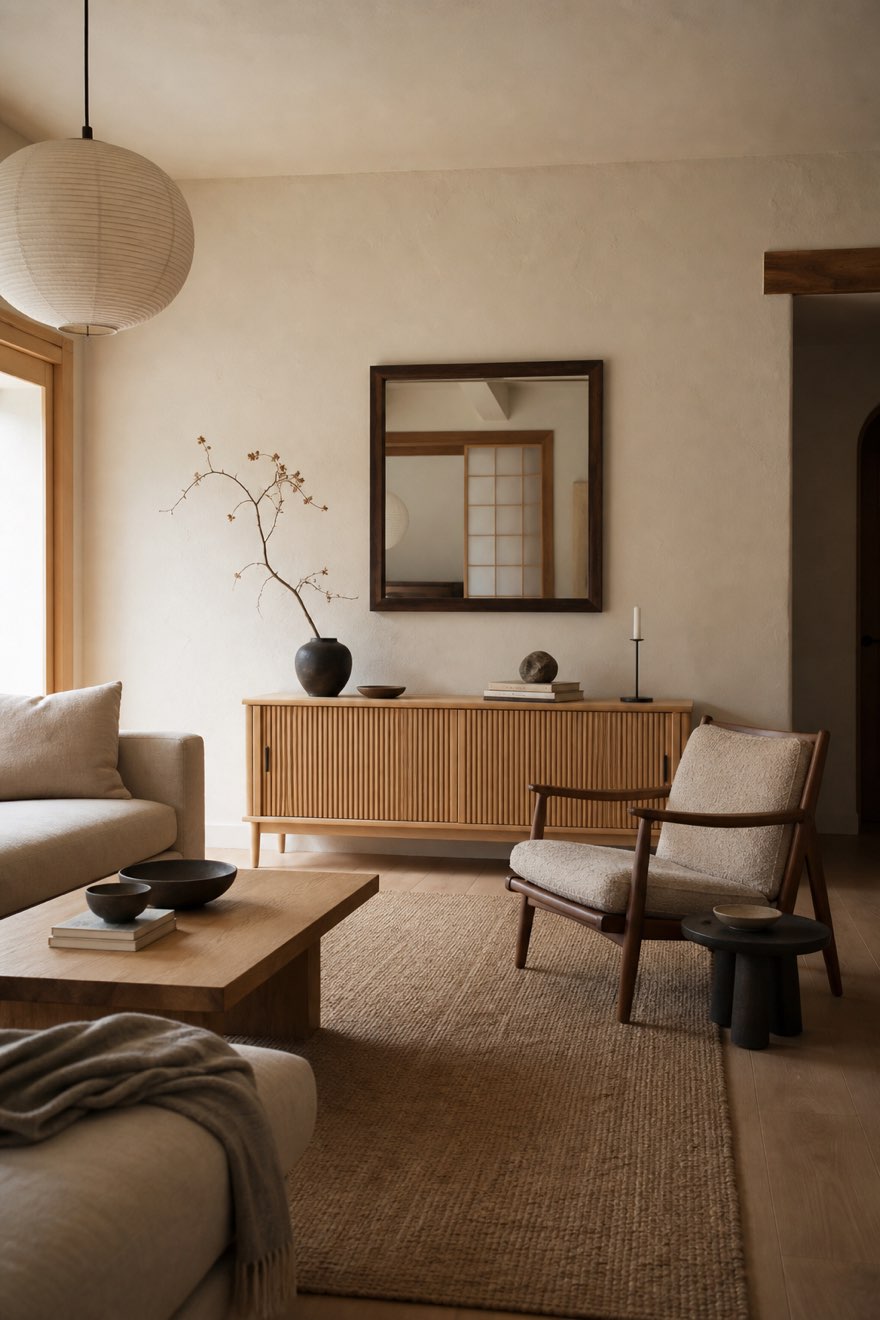 Japandi living space mixing light oak and walnut wood with oatmeal linen and a charcoal vase