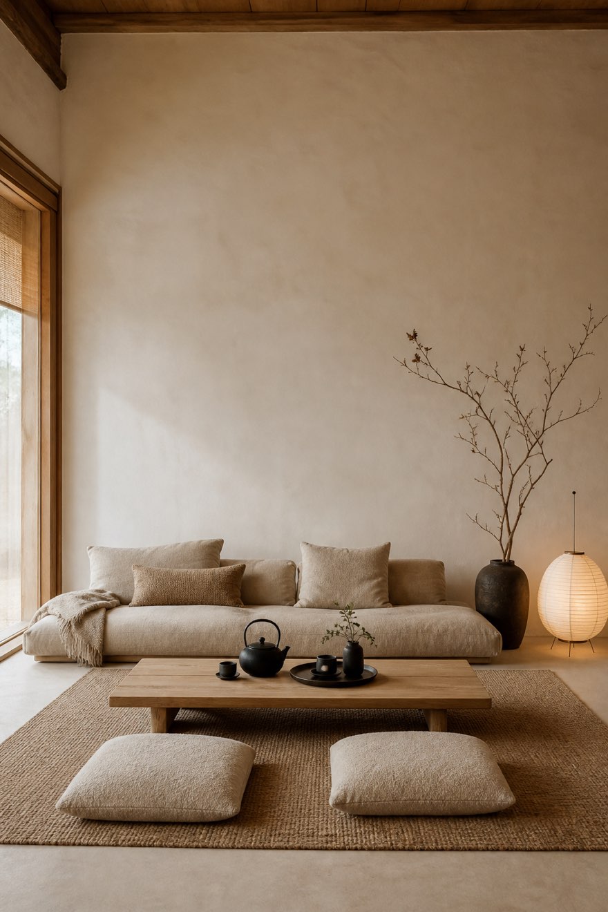 Floor-level Japandi living room with a low sofa, floor cushions and a paper lantern
