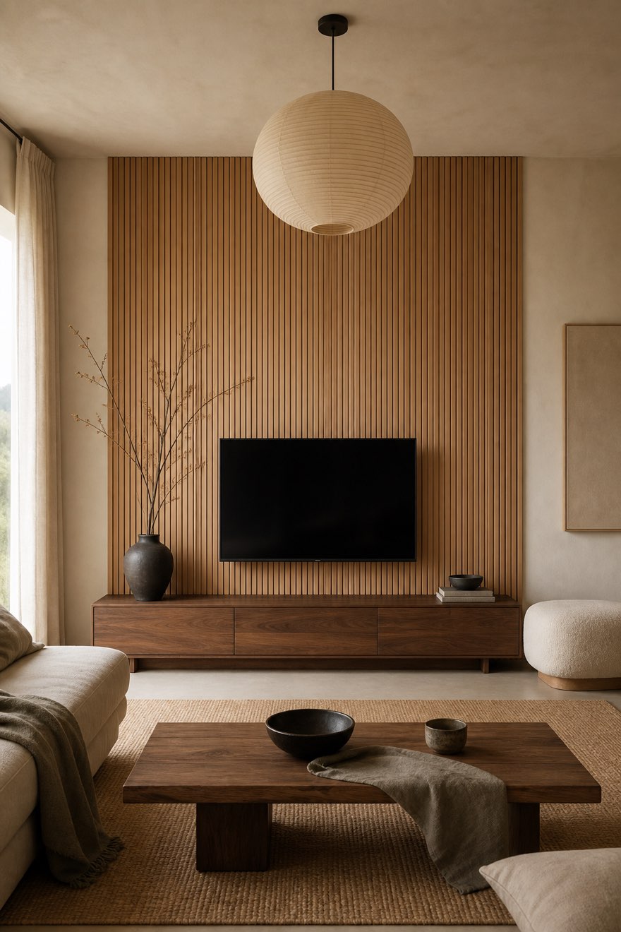 Light-oak wood-slat feature wall behind a low walnut media console in a warm Japandi living room