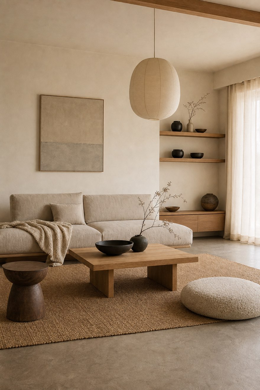 Warm Japandi living room with a low linen sofa, oak table and dark ceramics — japandi style