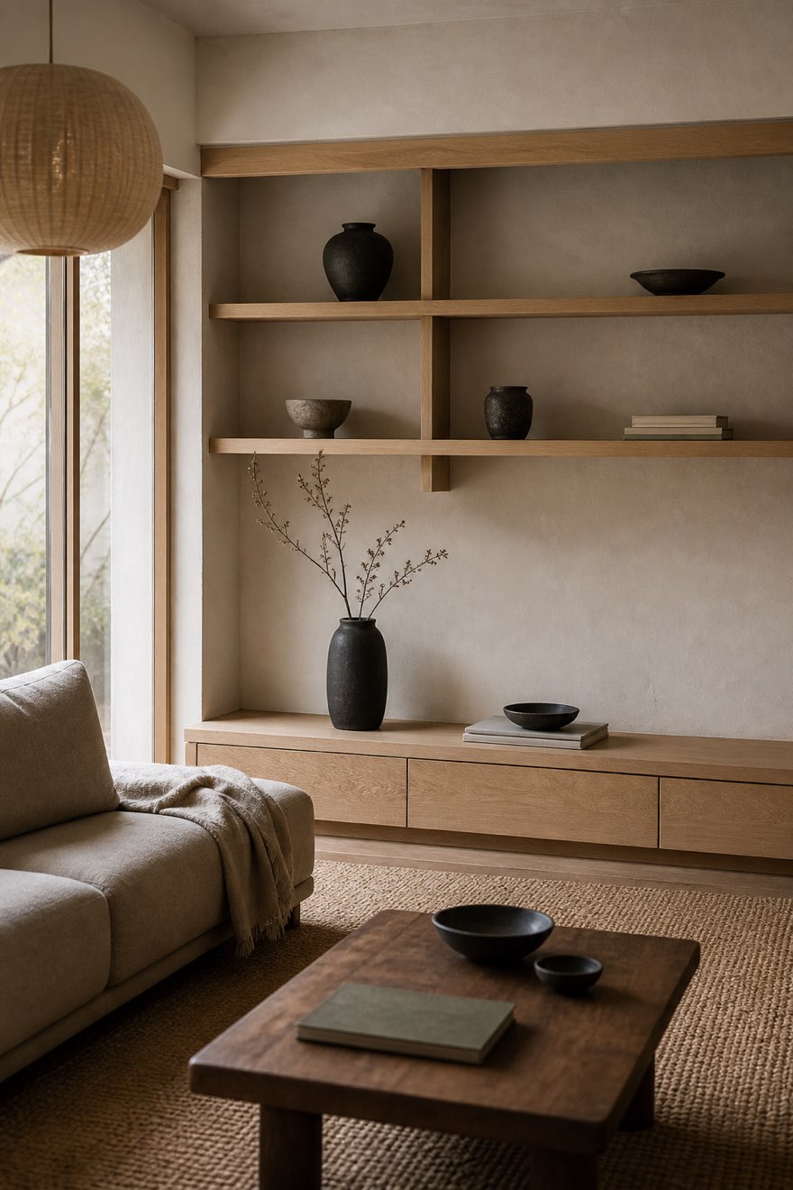 Wabi-sabi dark pottery styled on light-oak open shelves in a warm Japandi room