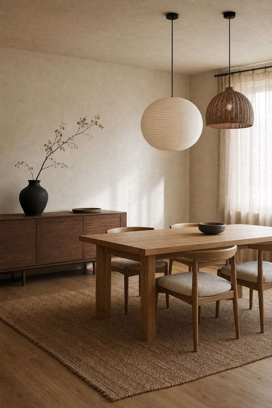 Paper Noguchi lantern and woven rattan pendant over a light-oak Japandi dining table