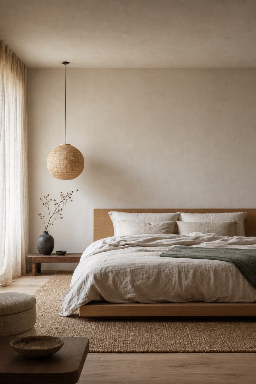Low light-oak platform bed with ivory linen and one sage throw in a Japandi bedroom