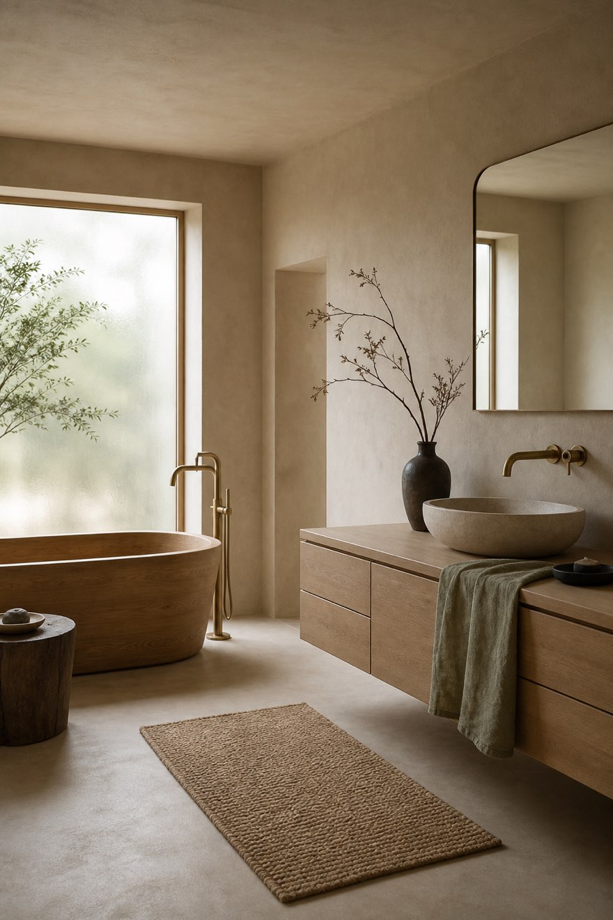 Spa-calm Japandi bathroom with a wooden soaking tub, stone basin and warm plaster walls