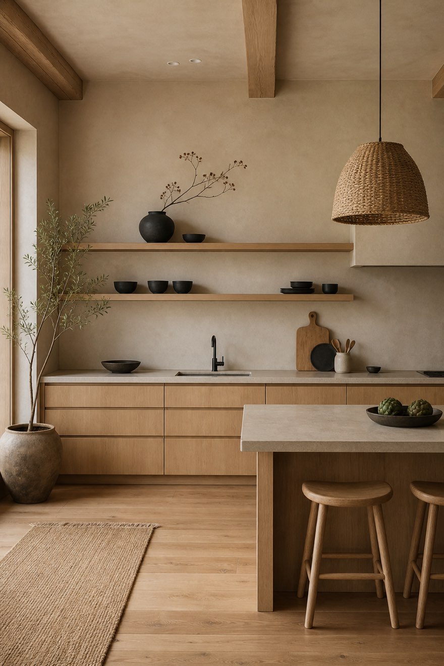 Handleless flat-front light-oak cabinets in a warm Japandi kitchen with plaster walls