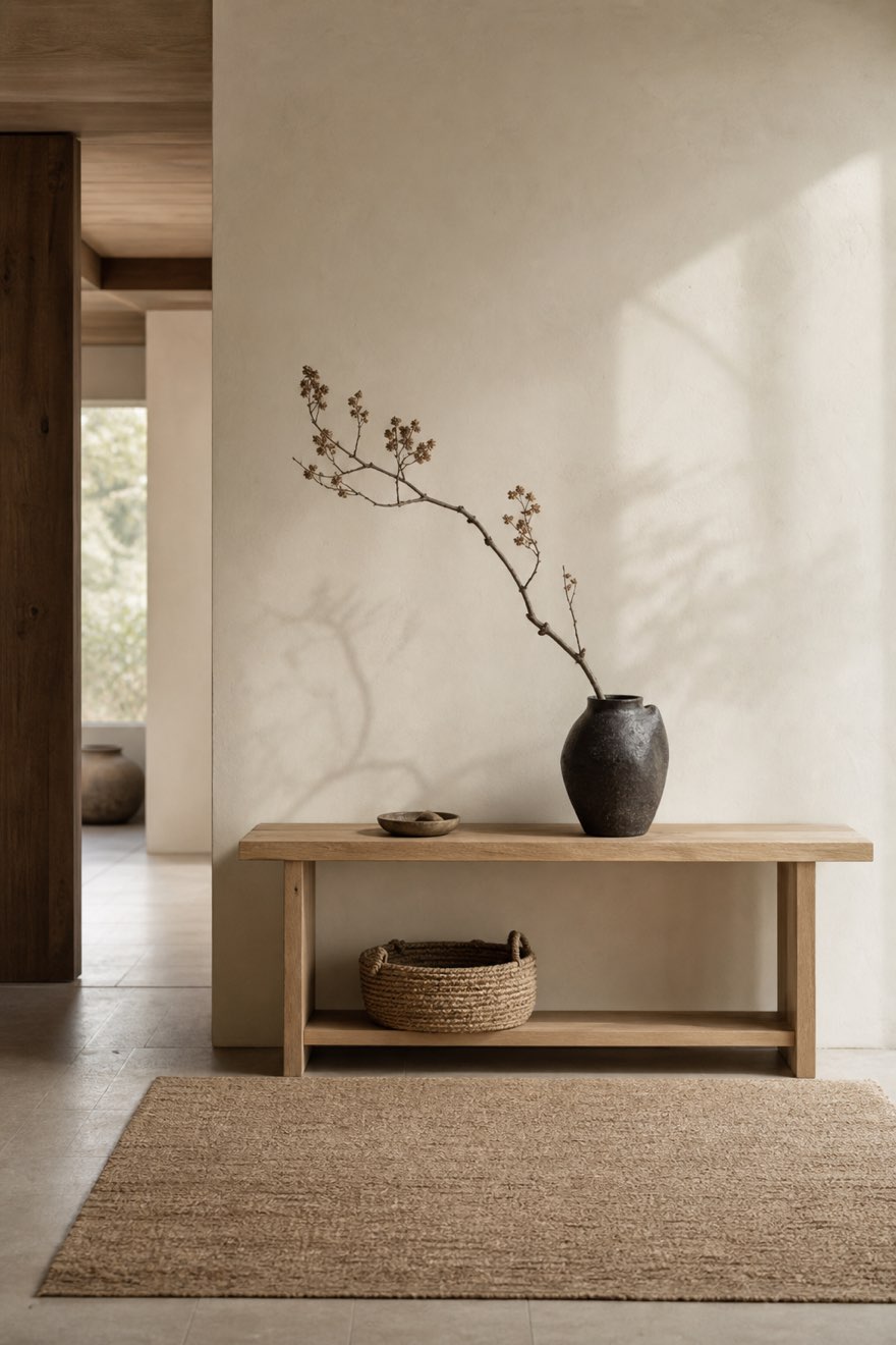 A single dried branch arranged ikebana-style in a dark vase on a Japandi entry console