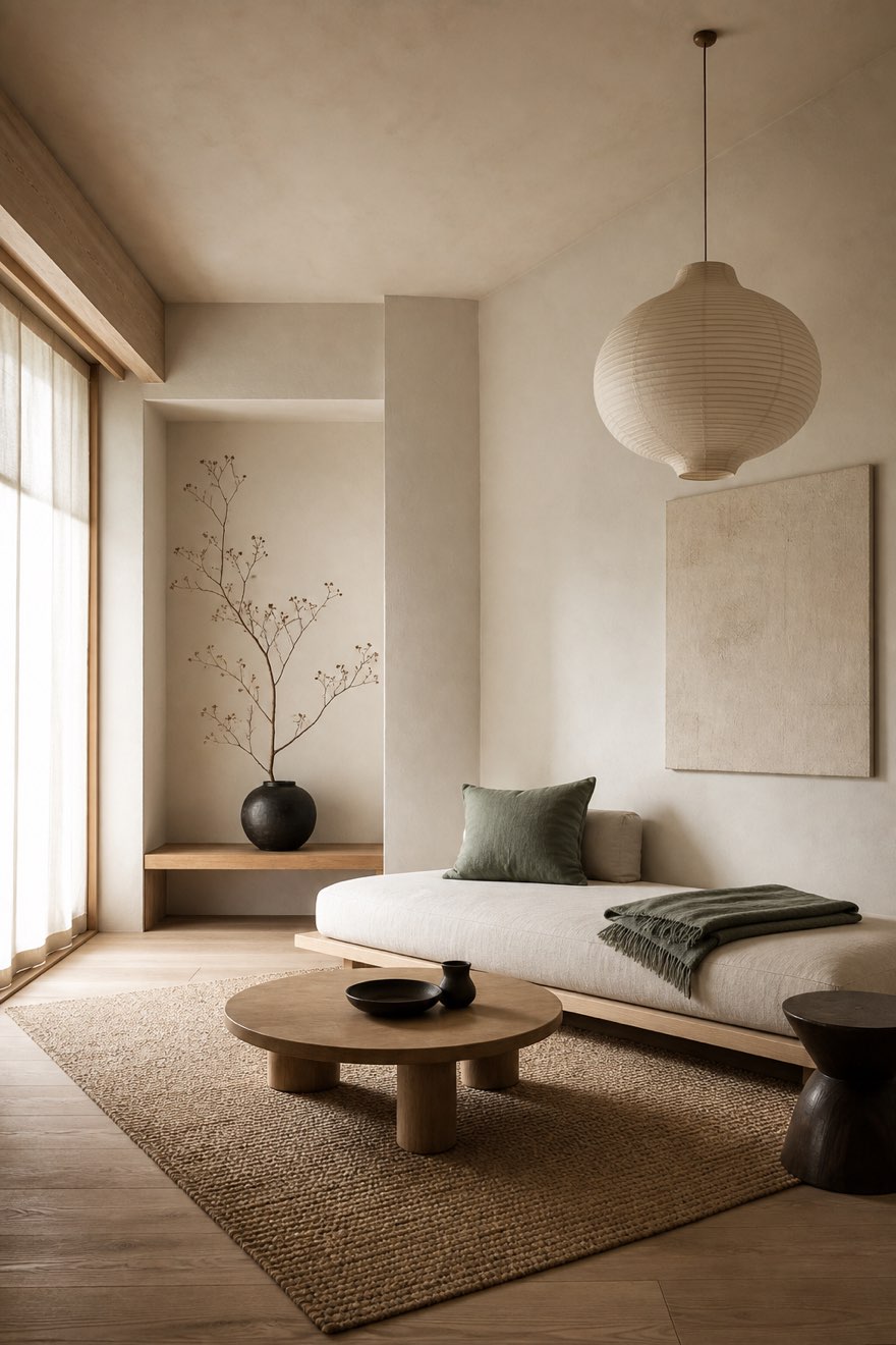Warm Japandi room using muted sage green as the only color accent