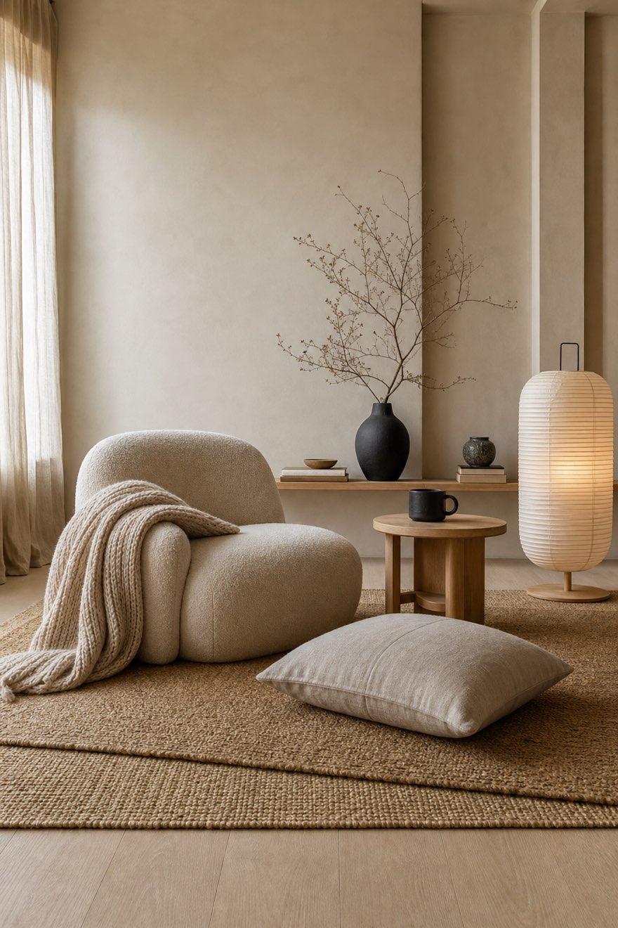 Layered linen, wool, boucle and jute textiles in a warm Japandi reading corner