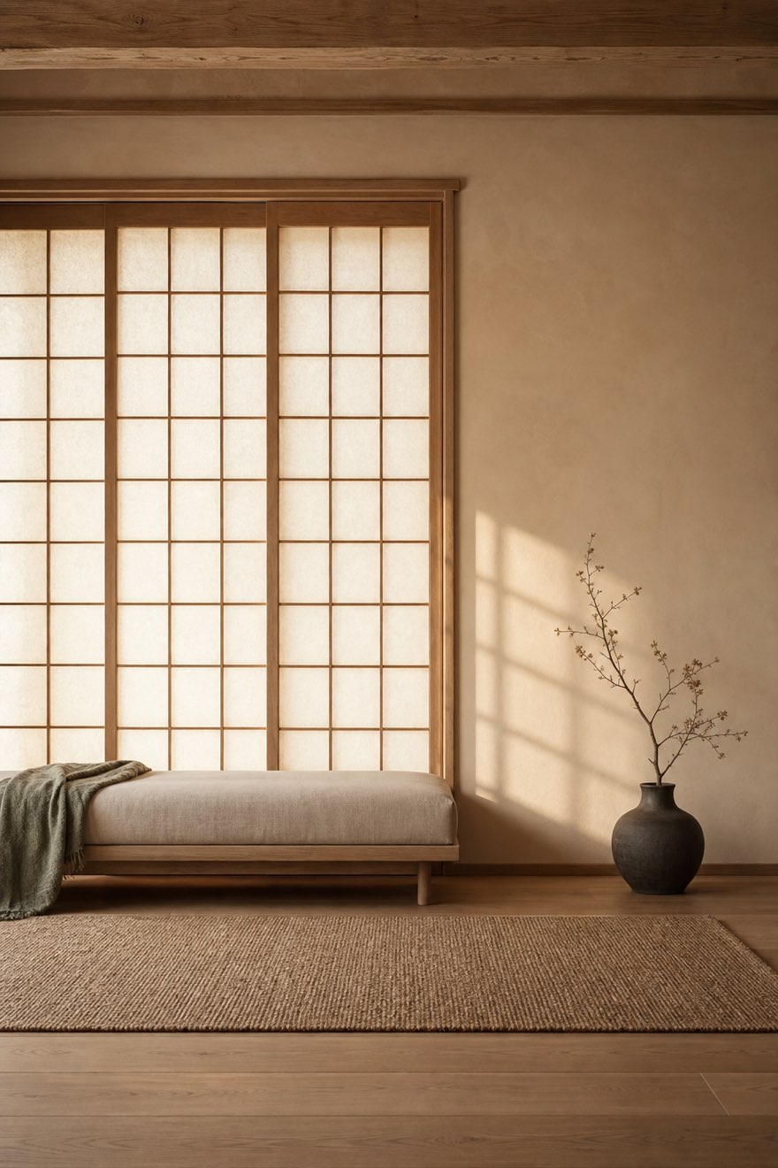Shoji-inspired oak and rice-paper screen diffusing soft warm daylight in a Japandi room