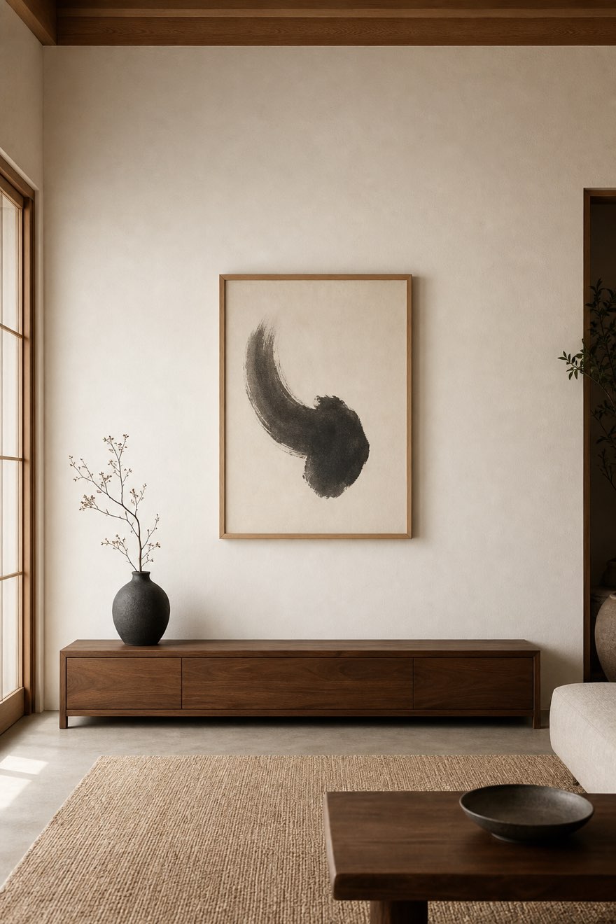 One quiet sumi-e ink artwork on a plaster wall with generous space in a Japandi room