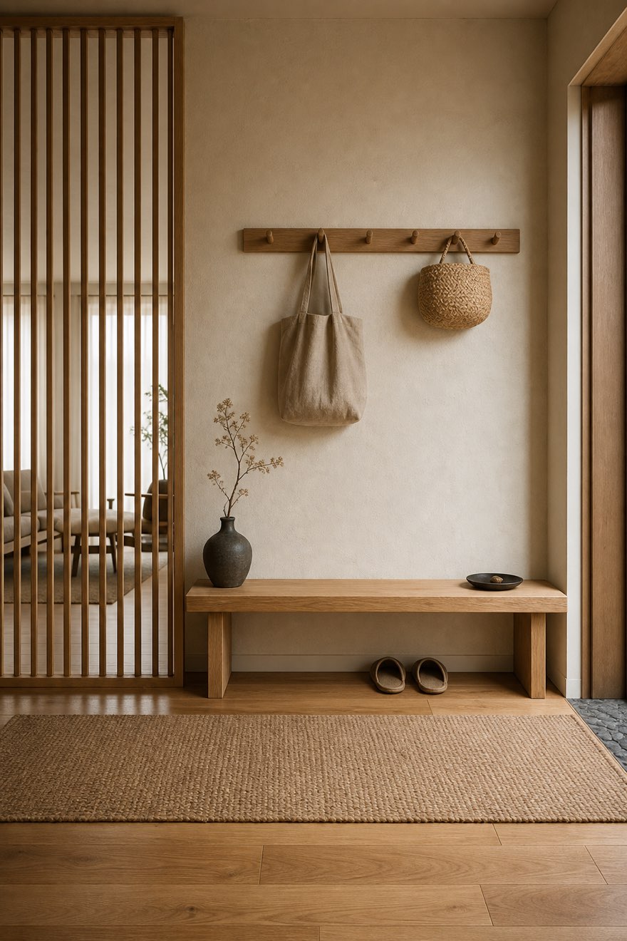 Japandi genkan entryway with a low oak bench, slat partition and woven basket