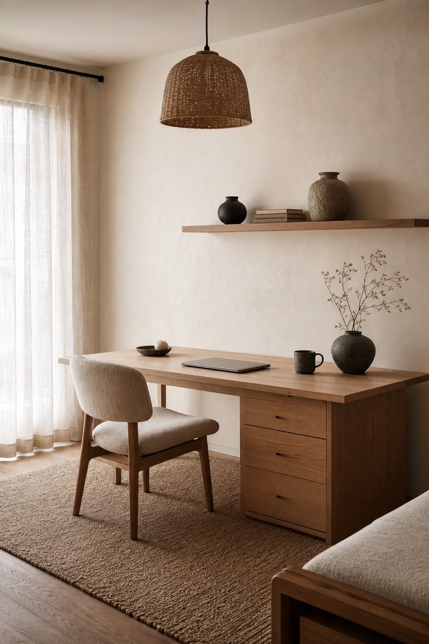 Calm Japandi home office with a light-oak desk, linen chair and rattan pendant