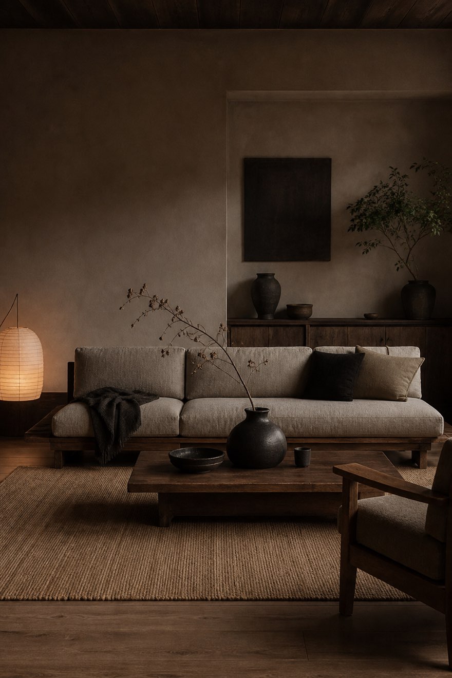 Dark Japandi living room in warm walnut, charcoal and deep greige with low lighting
