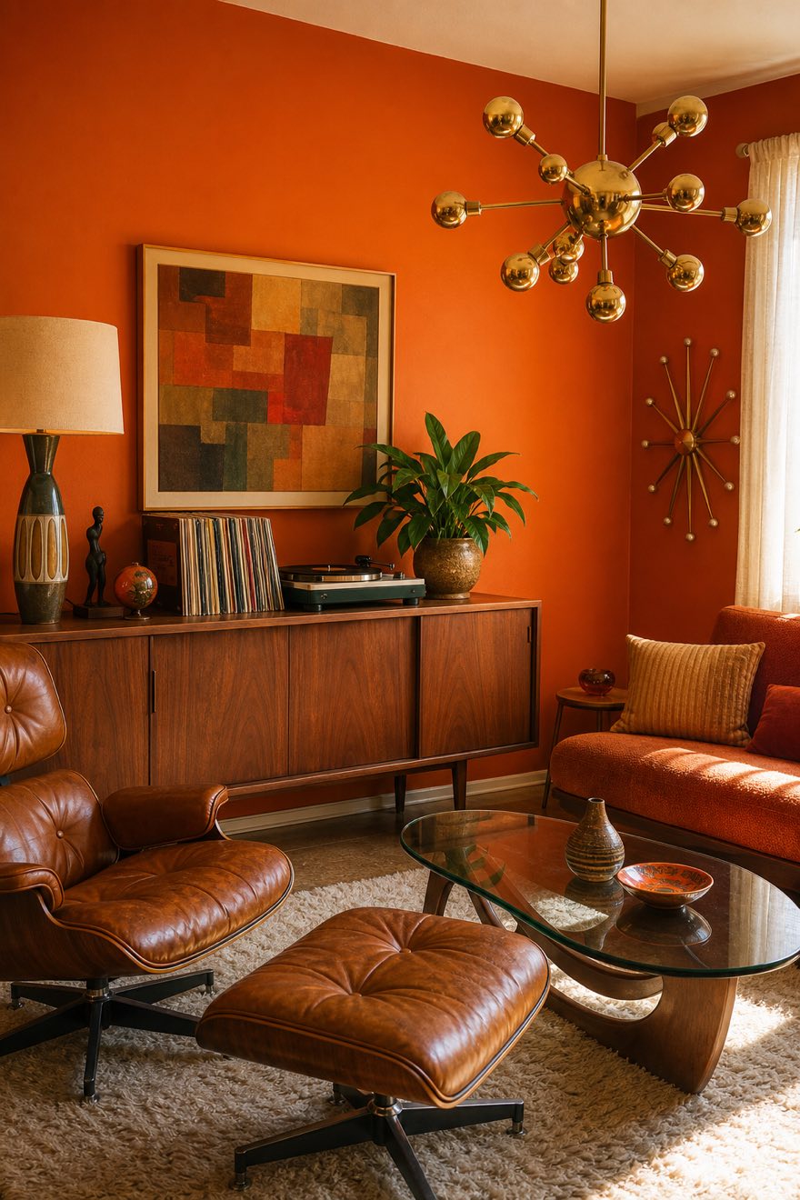 Burnt-orange mid-century modern living room with a walnut credenza, brass sputnik pendant and a cognac leather lounge chair.