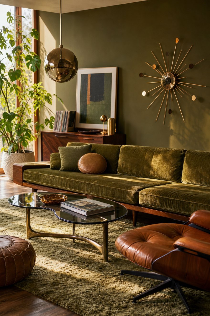 Low-slung olive green velvet mid-century sofa with walnut legs, a brass-and-smoked-glass coffee table and atomic wall art.