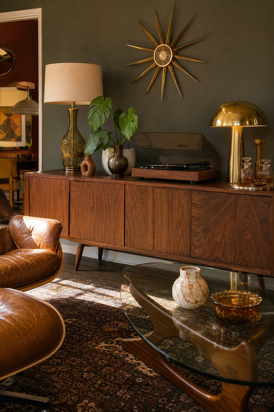 Grain-forward walnut credenza styled with a turntable, smoked-glass barware and a brass sunburst on a deep mid-tone wall.